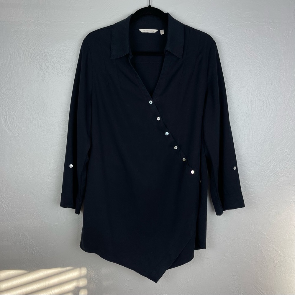 Soft Surroundings Boho Asymmetrical Button Down Wrap Blouse Top BLACK Large